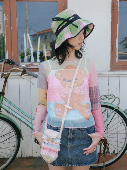 Printed mesh long sleeve T-shirt