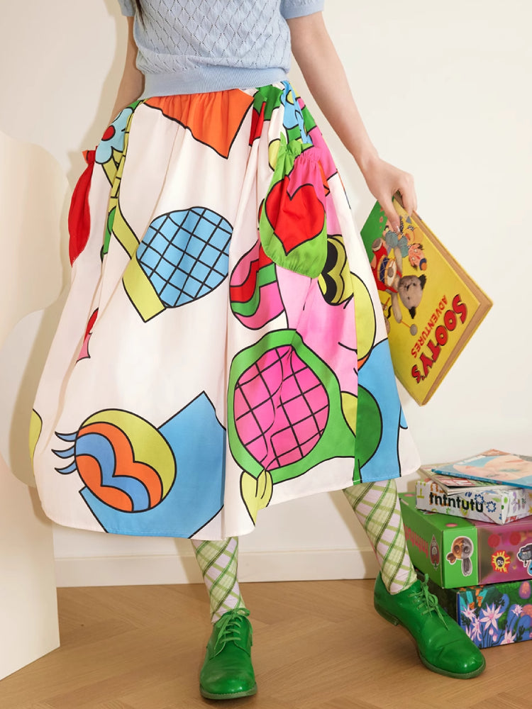 Big pocket print A-line skirt