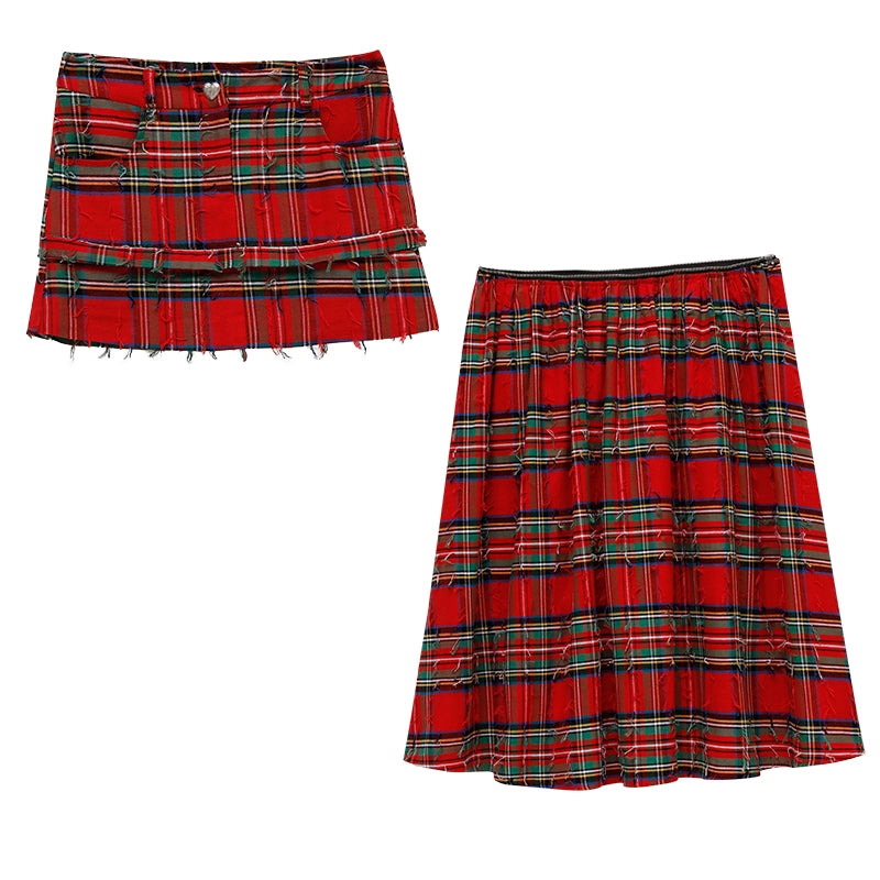 Detchable Rock-Style Red Plaid Swing Skirt