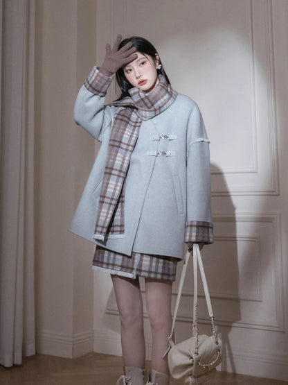 Fur edge plaid jacket + skirt