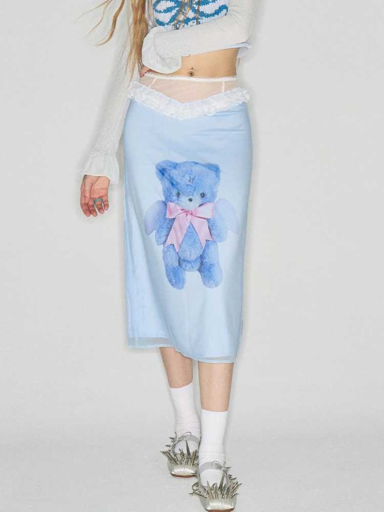 Bear print straight skirt