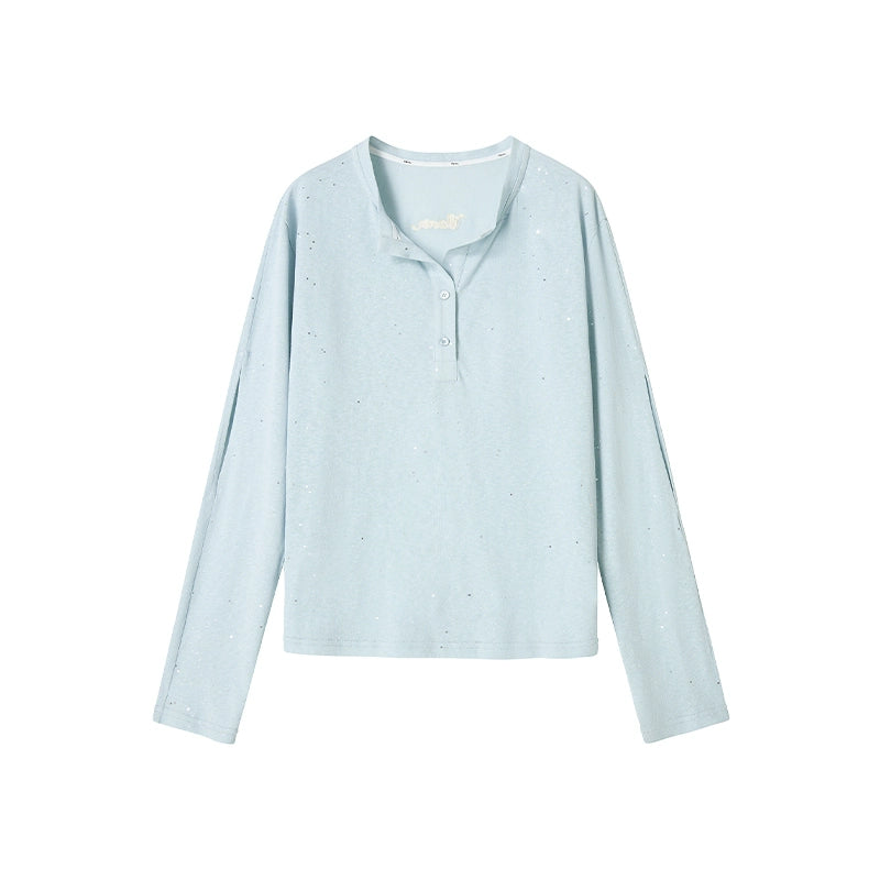 Henry Collar Design Loose Sequin T-shirt