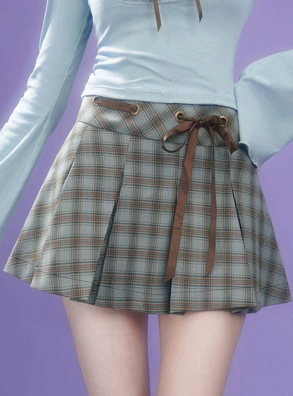 Brown-green checkered pleated Skirt