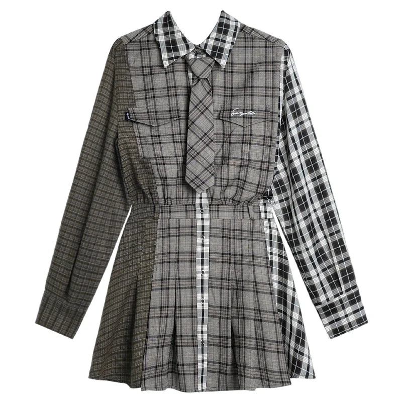 Sweet and patchwork plaid loose shirt dress