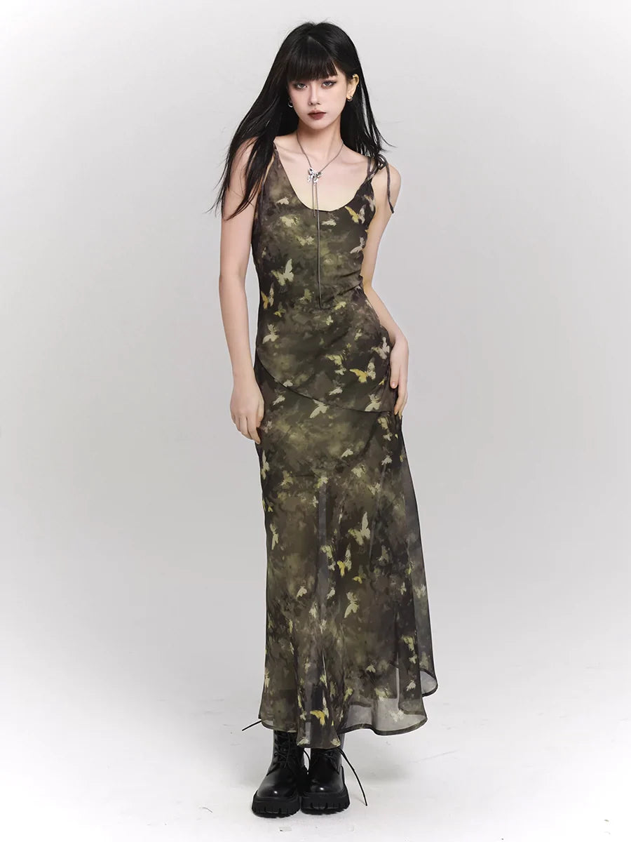 Green Butterfly Chinese Slip Dress