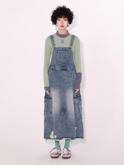 Loose denim suspender skirt