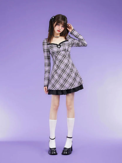 Plaid A-Line Bubble Long-sleeved Lace Dress