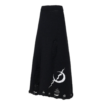 Embroidered knitted wool long skirt