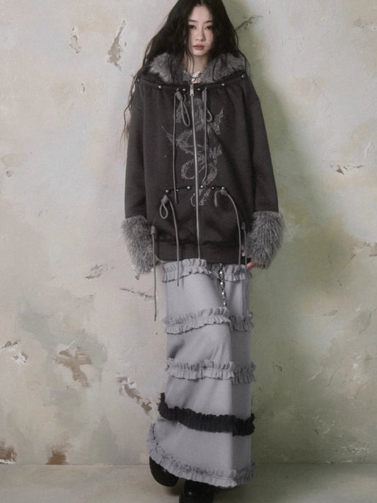 Fur and velvet hooded sweatshirt