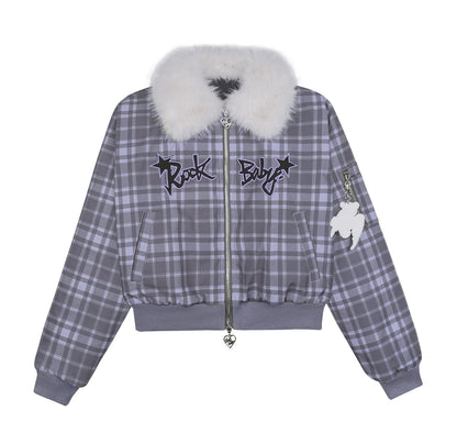 Purple Plaid Fur Collar Jacket