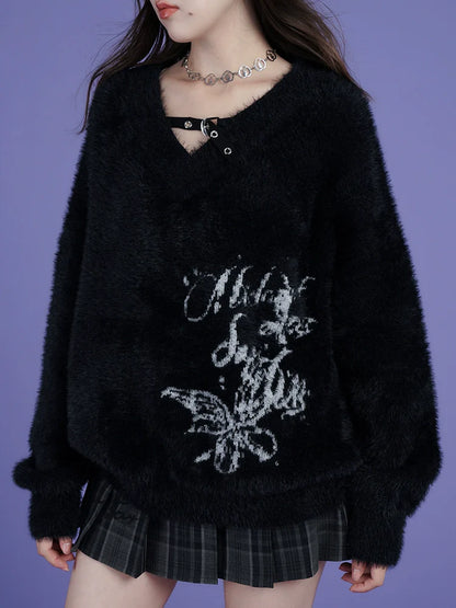 Black V-Neck Jacquard Mink Sweater