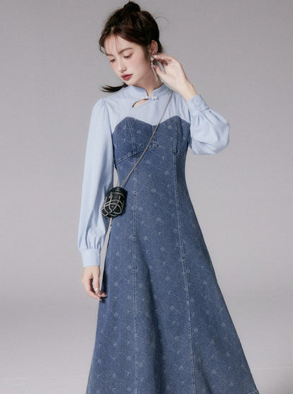 Button Jacquard Denim Dress