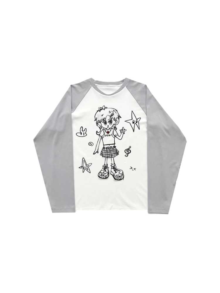 Hand-drawn girly print long-sleeved T-shirt