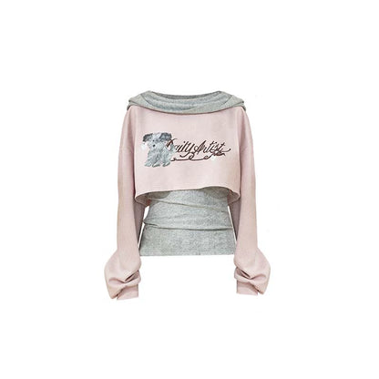 Pink Gray Fake Two Piece Hooded Top