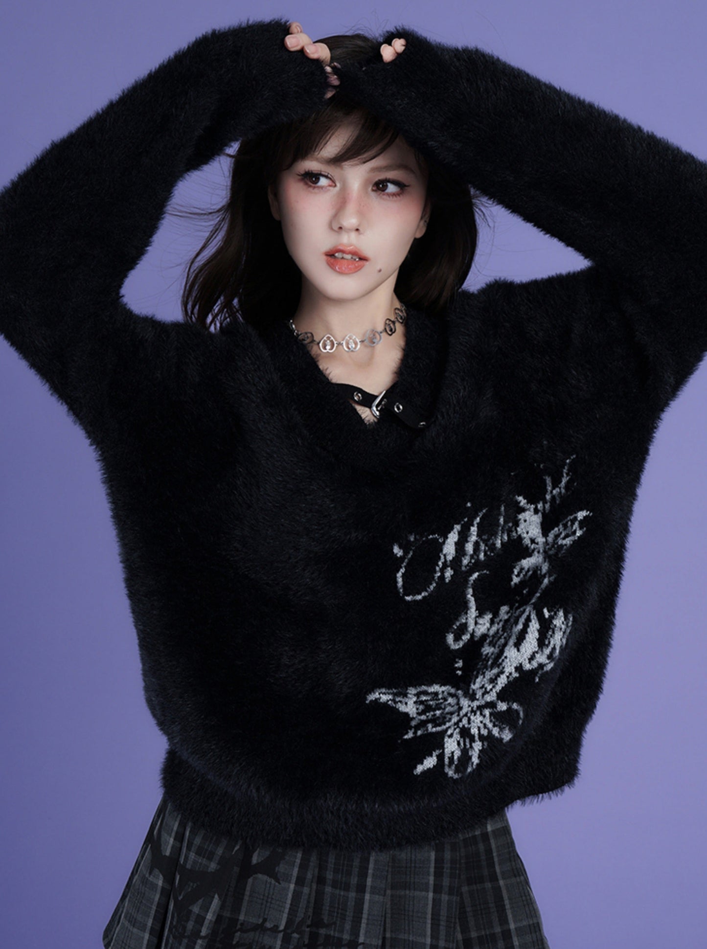 Black V-Neck Jacquard Mink Sweater