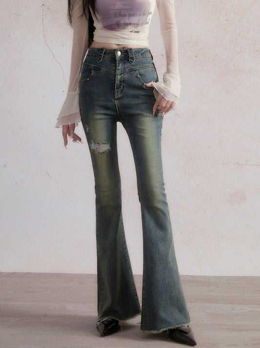 Damaged slim flared denim pants