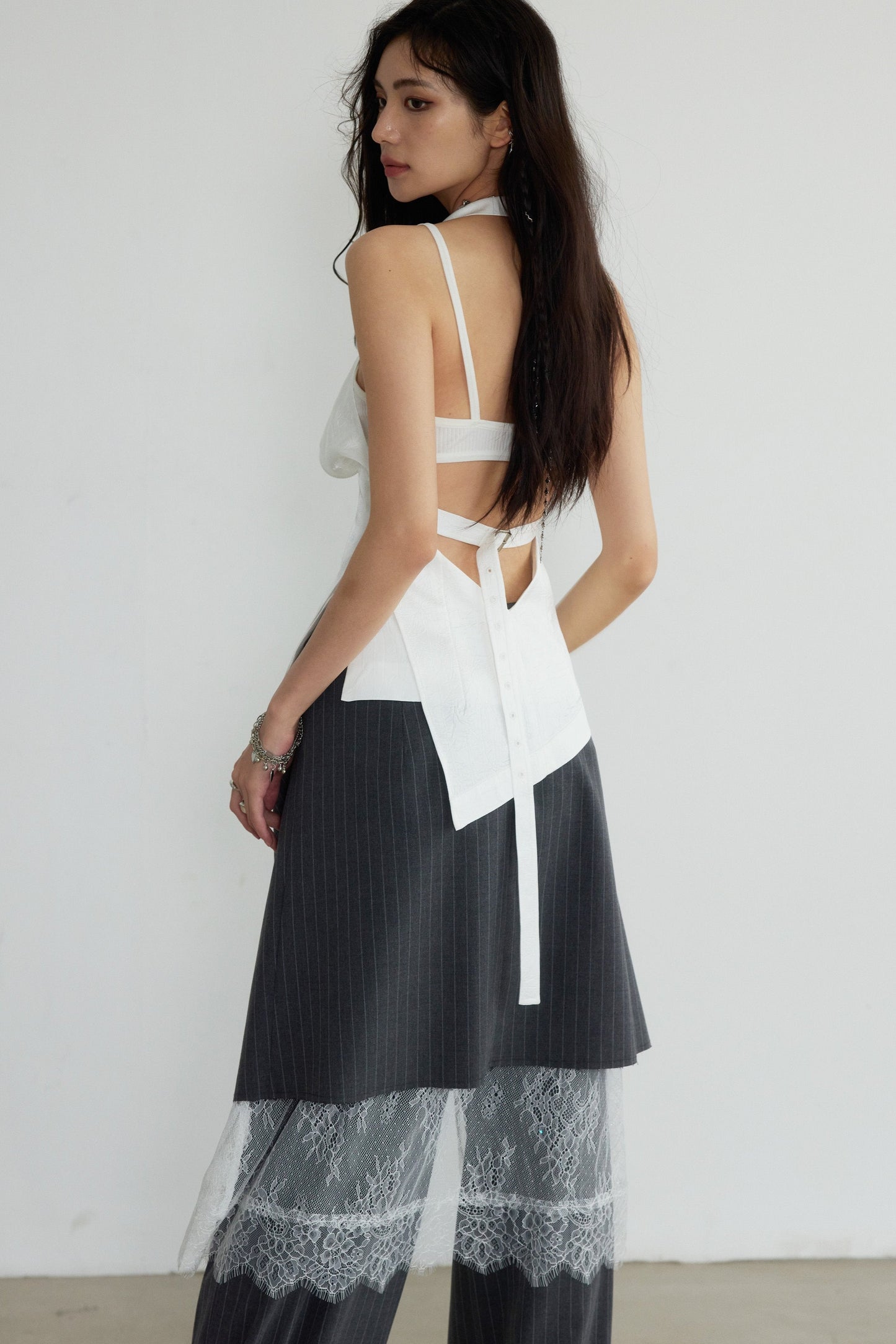 Gray Striped Sculptural Three-Piece Skirt Trousers