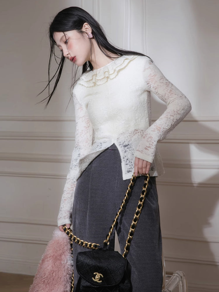 Wool lace ruffle tight shirt