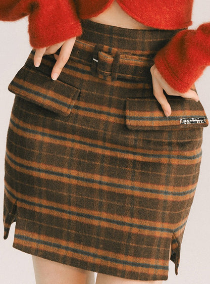 Black Tea Wool Plaid Skirt