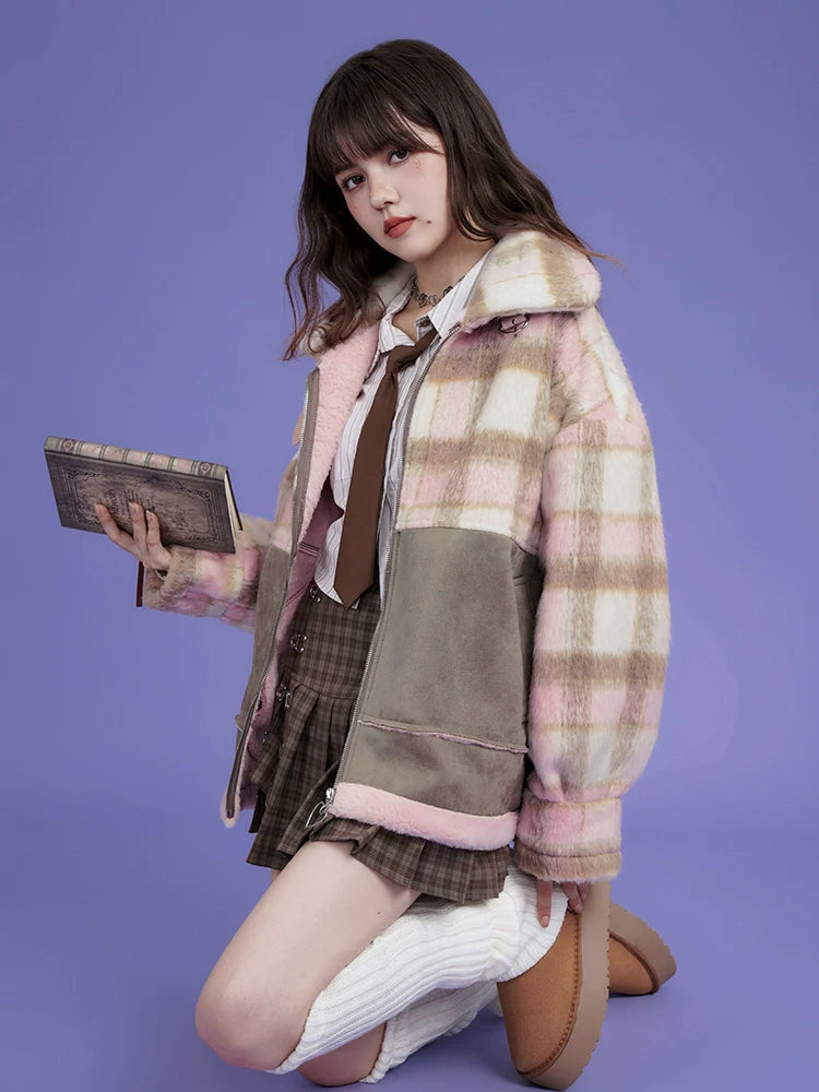 Plaid Turtleneck Fur Loose Tweed Jacket