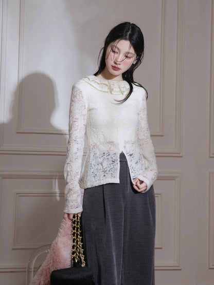 Wool lace ruffle tight shirt