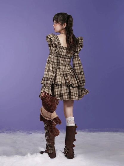 Brown Checkered Bow Small Flying Sleeve Dress