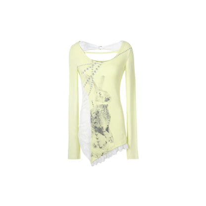 Bunny Print Lace Panel Long Sleeve Top