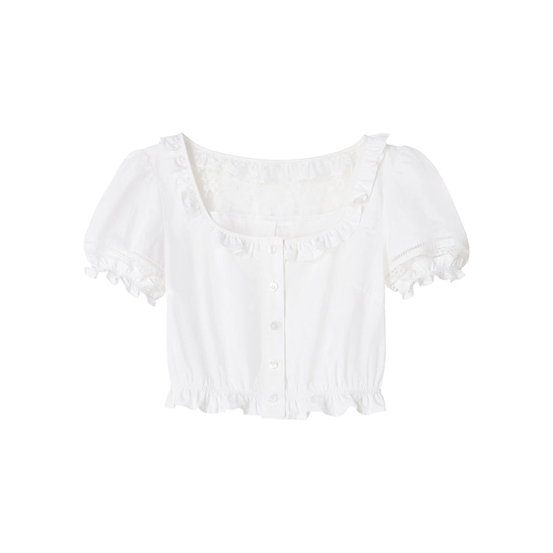 White Lace Square Collar Puff Sleeve Shirt