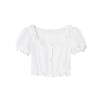 White Lace Square Collar Puff Sleeve Shirt
