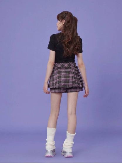 Plaid Ribbon Pleated Culottes