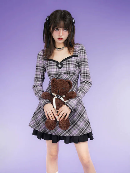 Plaid A-Line Bubble Long-sleeved Lace Dress