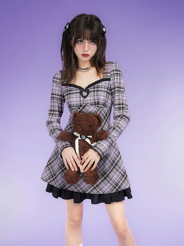 Plaid A-Line Bubble Long-sleeved Lace Dress