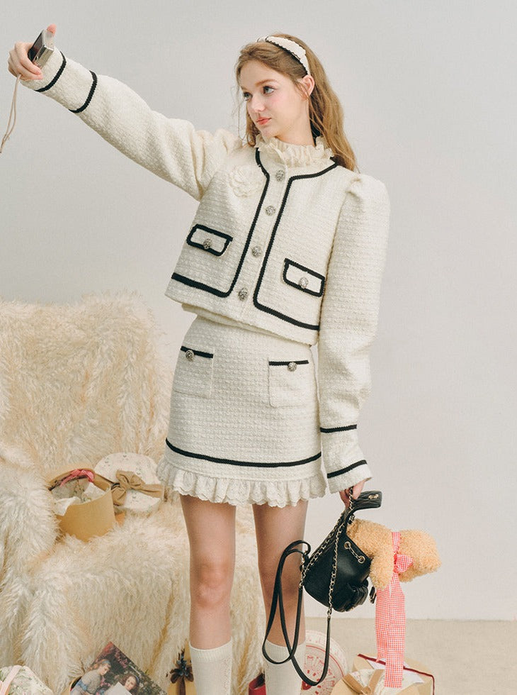 Wool puff sleeve jacket skirt set