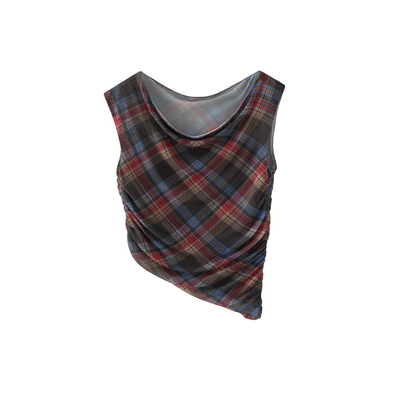 Retro Plaid Mesh Shoulder Wrap Skirt Set-Up