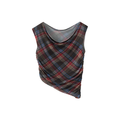Retro Plaid Mesh Shoulder Wrap Skirt Set-Up
