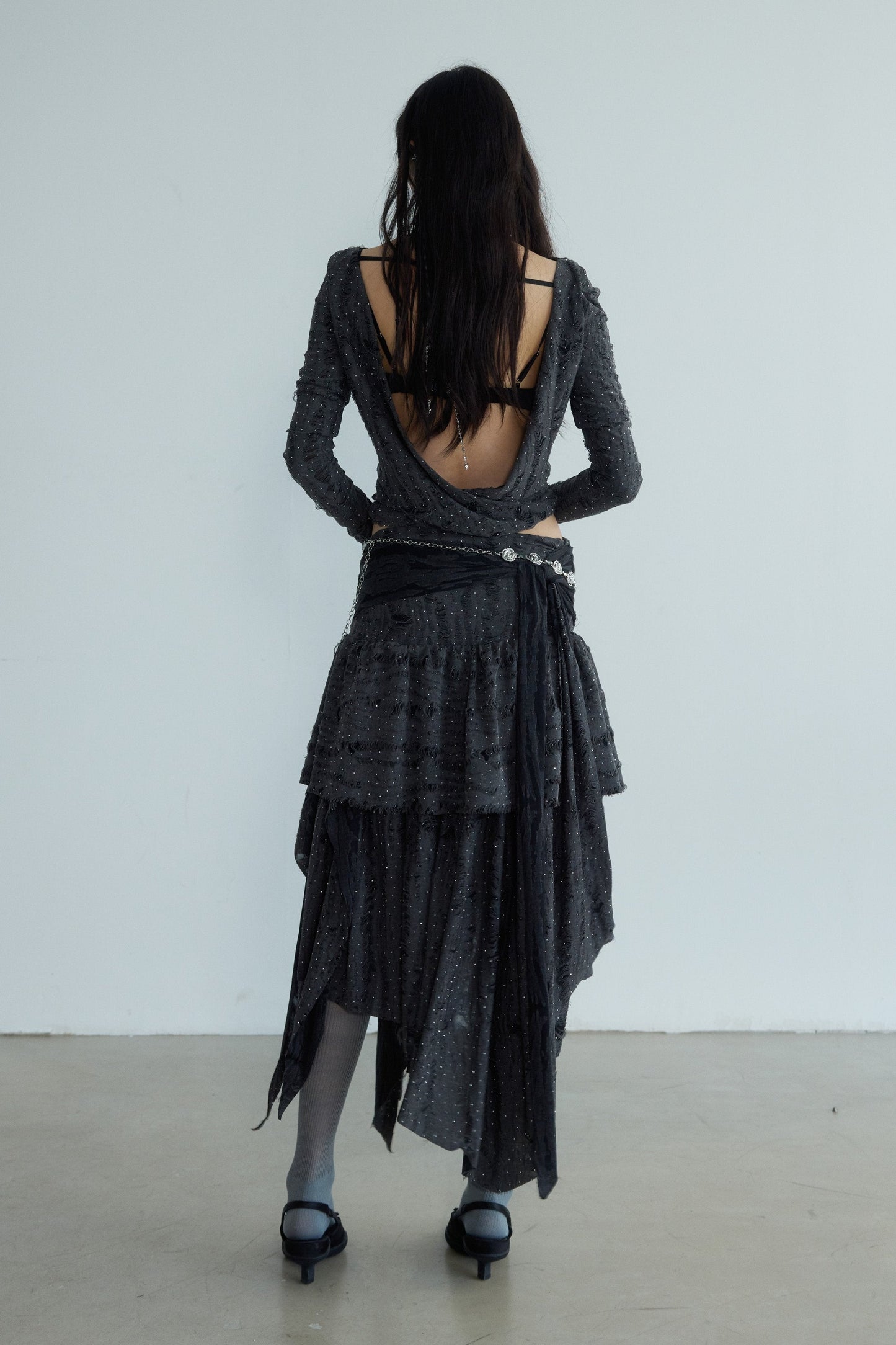 Dark Stray Distressed Knitted T Skirt Set