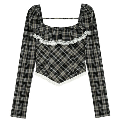 Square Neck Checkered Long-sleeved Shirt