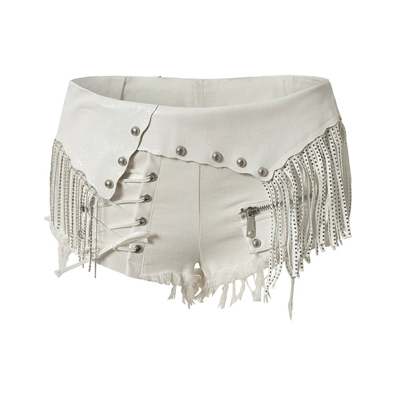 Punk Chain Leather Denim Shorts