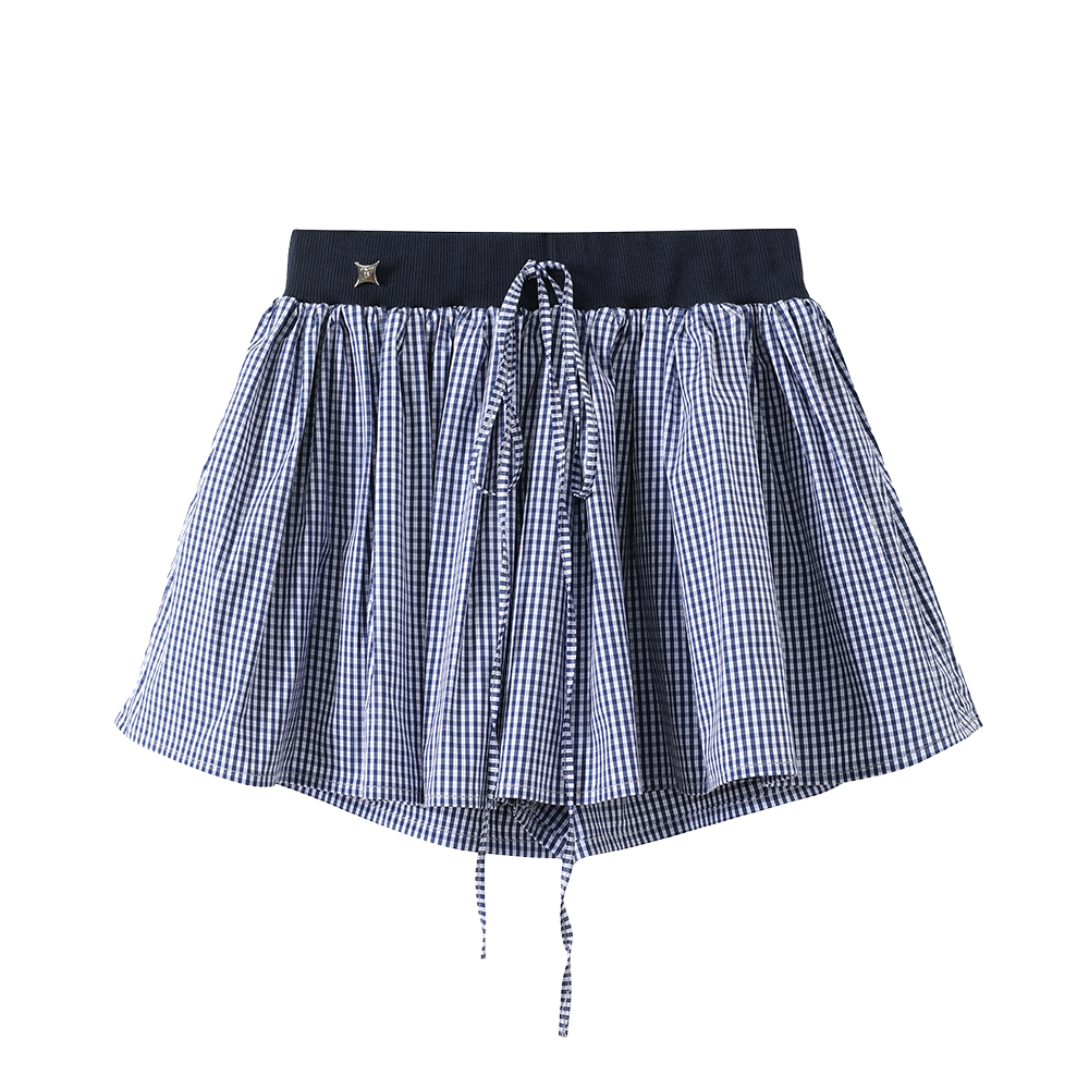 Navy Blue Checked Flared Skirt