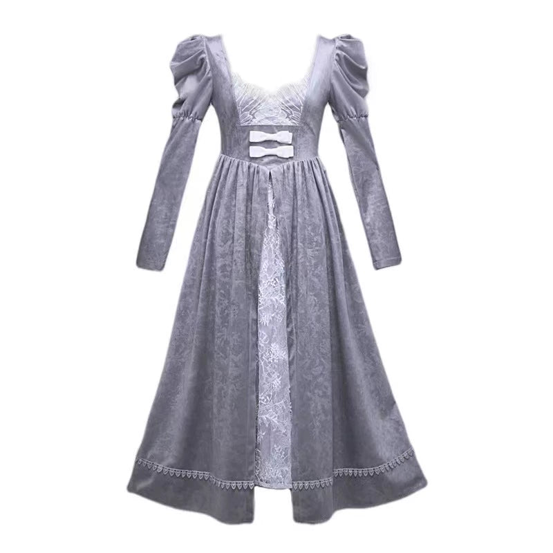 Gray Purple Gothic Embroidered Dress