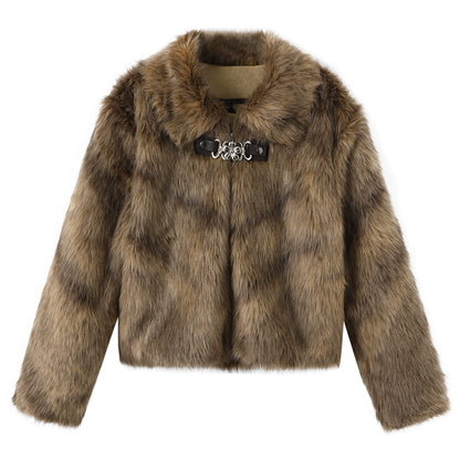 Diamond-Pattern Khaki Fur Jacket