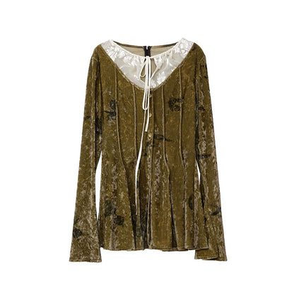 French Velvet Long Sleeve Lace-up Top