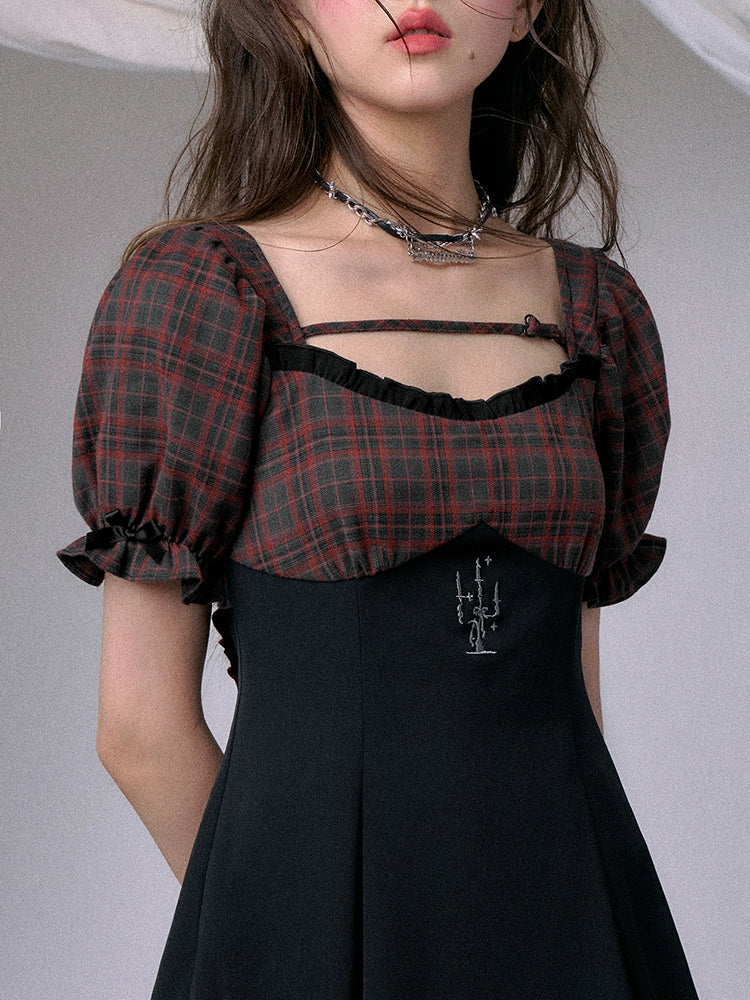 Plaid puff sleeve backless dress