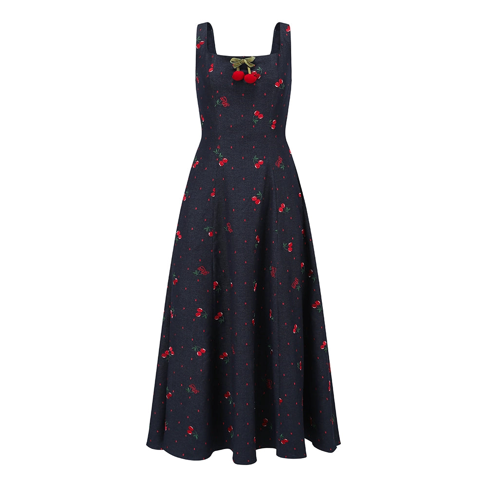 Cherry Lace Embroidered Denim Dress Set-Up