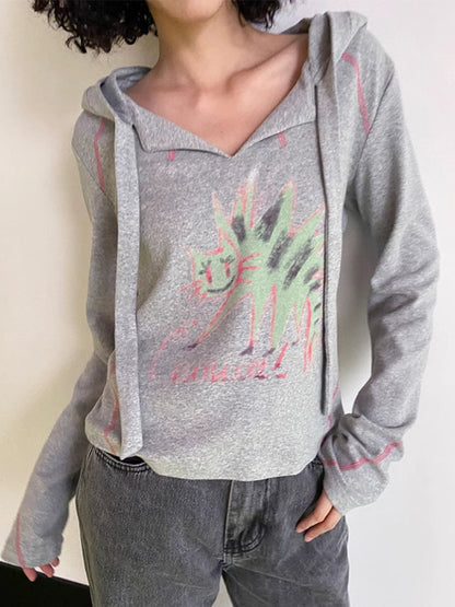 Hooded printed loose long sleeve T-shirt