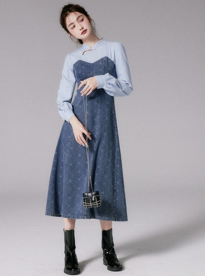 Button Jacquard Denim Dress