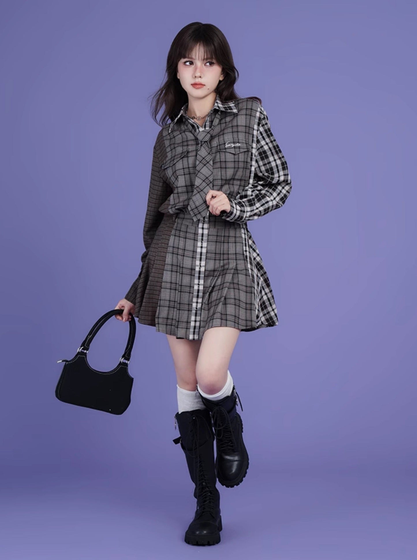 Sweet and patchwork plaid loose shirt dress