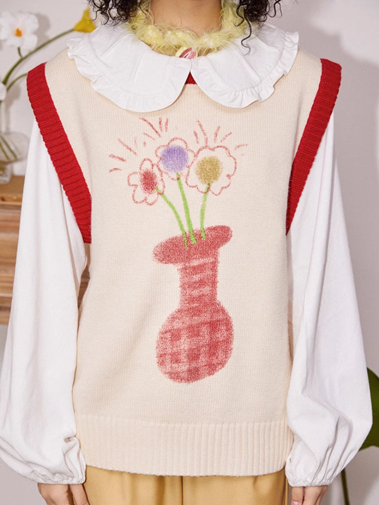 Vase print loose knit vest