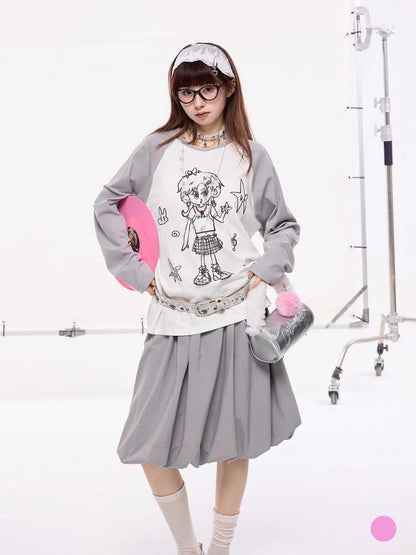 Hand-drawn girly print long-sleeved T-shirt