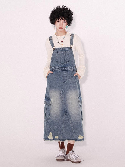 Loose denim suspender skirt